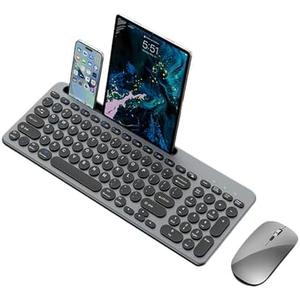 Wireless Keyboard and Mouse Combo with Phone Tablet Holder, Rechargeable Dual-Mode (Bluetooth 5.0 and 3.0 +2.4G) Multi-Device Silent Mouse for Windows, iPad, Tablet, MacOS,iOS,Android (Grey)