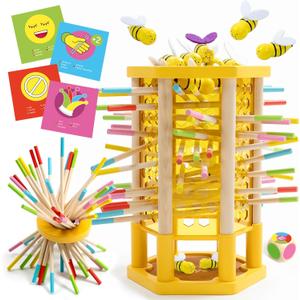Nene Toys BeeFall Jumbo, 4-in-1 Wooden Honey Bee Toy for Kids Ages 3-9 - Educational Game with Wooden Honeybee Hive, 12 Bees, Colorful Sticks, Dice & Cards - Fun Family Game for Cognitive Development