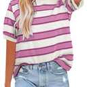 Dokotoo Spring Tops for Women Holiday Striped Color Block Short Sleeve Shirts Crewneck Summer Casual Loose Cozy Basic Fashion T-Shirts Cute Ladies Tee Blouses Vacation Cruise Outfits, Pink, XX-Large