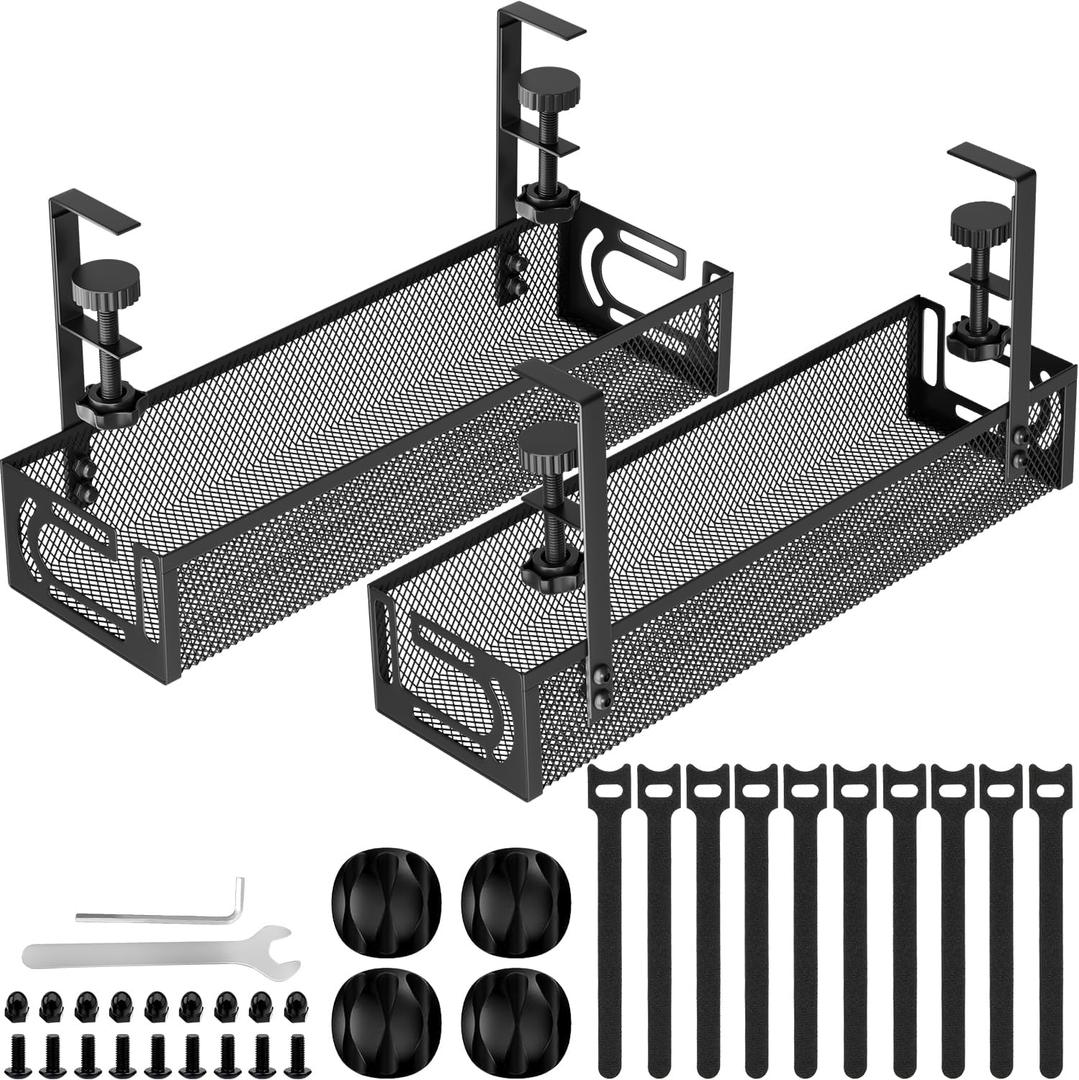 Cable Management, 2 Pack Cable Management Under Desk No Drill, Metal Cord Organizer with Clamp for Standing Desk, Cable Organizer for Home Office, Black (15.3''+15.7'' (2 Pack))