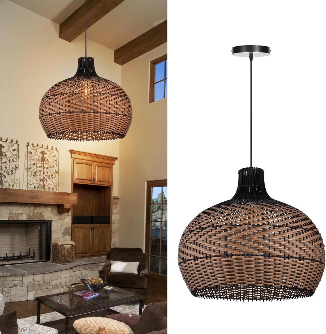 Arturesthome Rattan Pendant Light for Kitchen Island, Wicker Chandelier, Handmade Woven Hanging Ceiling Lighting Fixtures Lampshade for Living Room Bedroom (15.7" * 15.7")