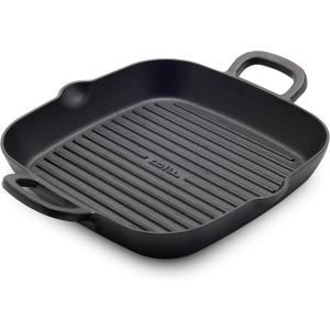 GreenPan x Bobby Flay Cast Iron 11 Square Grill Pan, Pre-Seasoned Professional Grade Heavy Duty Skillet, Helper Handles, Induction Suitable, Stovetop, Oven, BBQ & Fire, Indoor & Outdoor Use, Black