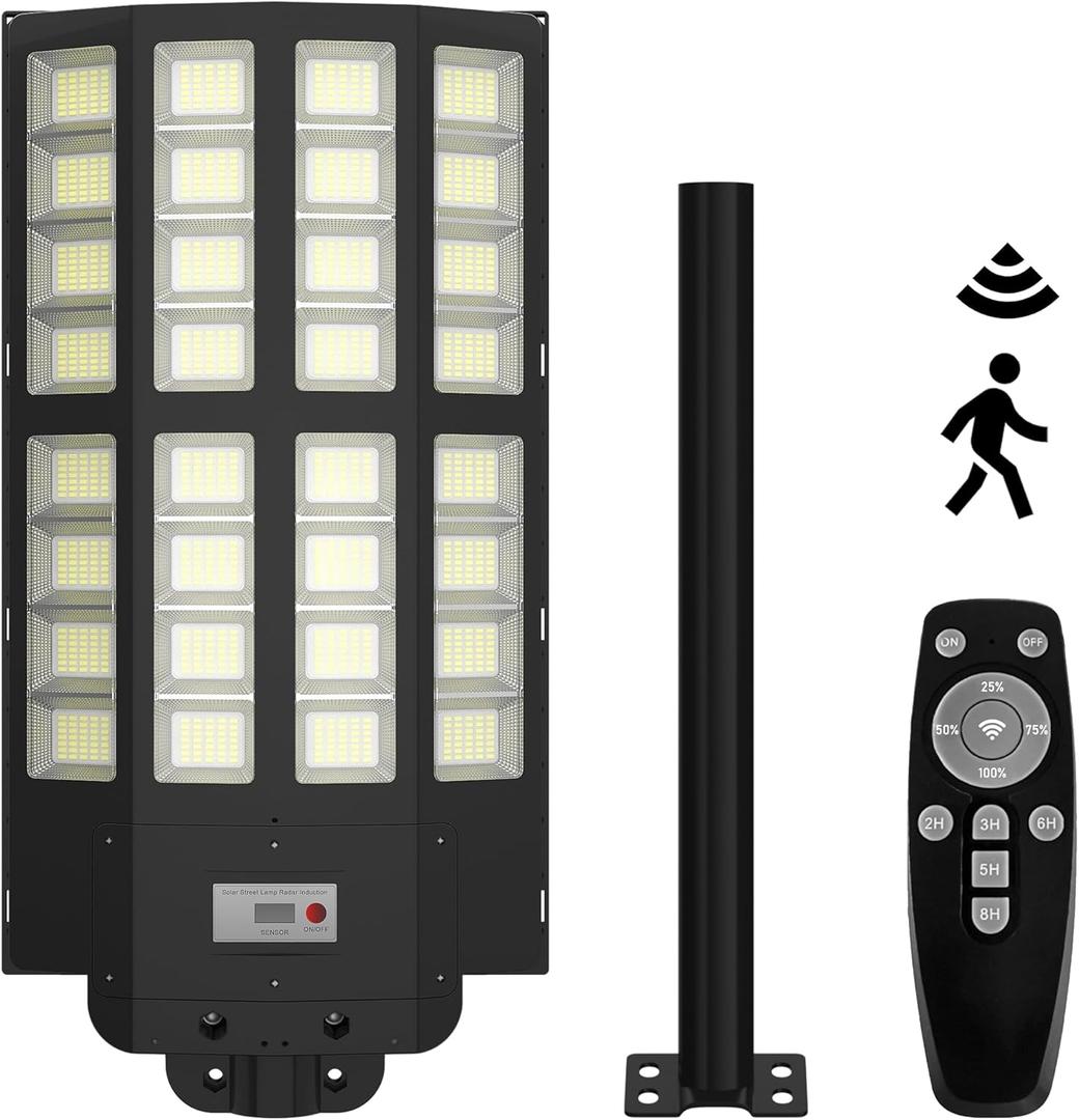Solar Street Light Outdoor, 200000LM 6500K Parking Lot Lights Dusk to Dawn, IP67 Waterproof Motion Sensor Light with Remote Control Timer & Dimmable, Wide Lighting Angle Flood Lamp for Yard