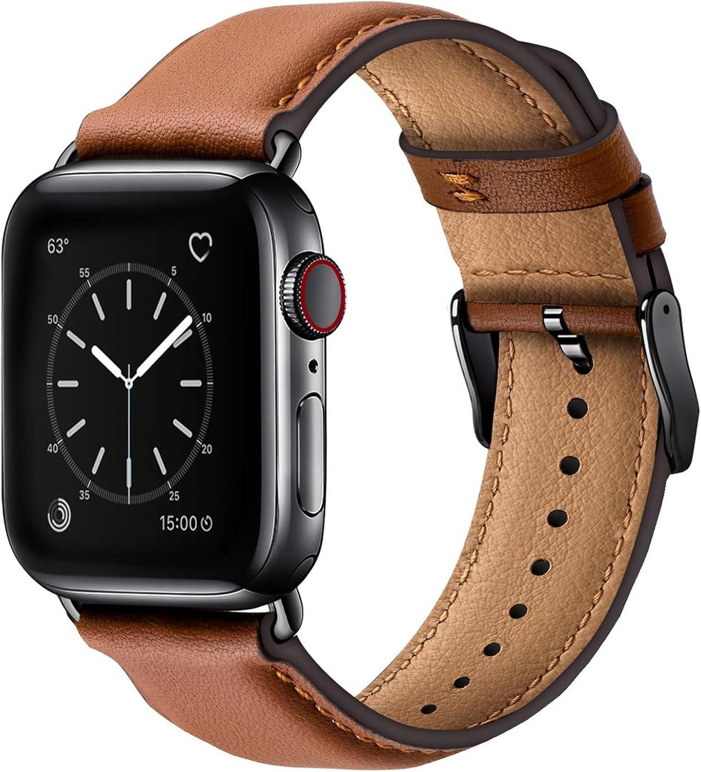 SUNFWR Leather Bands Compatible with Apple Watch Band 42mm(Series 3 2 1) 44mm 45mm 46mm 49mm for Men Women, Top Grain Genuine Leather Replacement Strap for iWatch Ultra 3 2 1, SE3 2 1, Series 11 10 9 8 7 6 5 4 3 2 1 (Saddle Brown/Black)