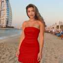 Mizoci Women's Sexy Tube Top Bodycon Mini Dress Strapless Ruffle Bow Back Ruched Party Short Dresses (Red, S)