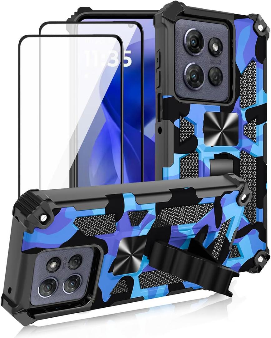 for Motorola Moto G 5G 2025/ Moto G 5G 2026/ Moto G Play 2026 Case, with 2 Tempered Glass Screen Protector, Military Grade, Kickstand with Magnetic Car Mount, Protective Phone Case Deep Blue