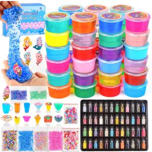 116pcs Large Package Slime Party Favors Kit, Boys and Girls 4-12 Relieve Stress Gift with Butter Clear Slime Clear Mix ins, Mermaid Charm Etc. Perfect Birthday DIY Toy for Kids 6-10