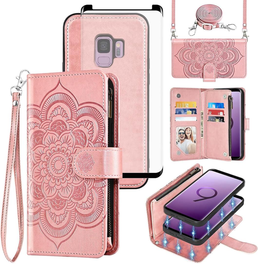Asuwish Phone Case for Samsung Galaxy S9 Zipper Wallet Magnetic Detachable Cell Cover with Tempered Glass Screen Protector Crossbody Strap Flower Card Holder Slot S 9 Edge 9S GS9 Women Girls Rose Gold