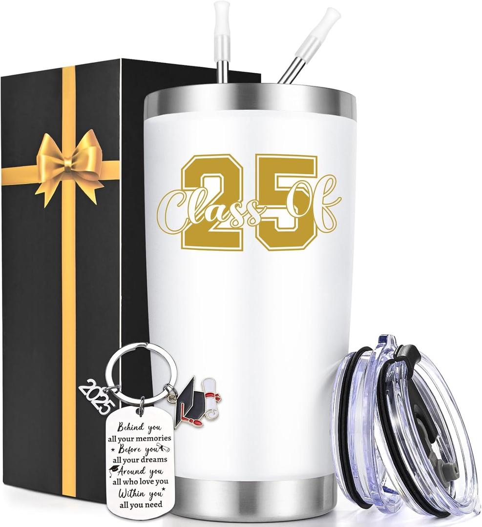 Lifecapido Graduation Gifts, Class of 2025 20oz Tumbler with Keychain, High School College Masters Degree PhD Graduation Gifts for Friends Classmates Graduates, White