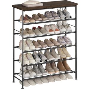 SUOERNUO Shoe Rack Organizer 6 Tier for Closet Entryway Free Standing Metal Storage Shoe Shelf with MDF Top BoardBlack (Black+rustic Brown)