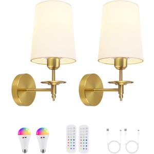 Battery Operated Wall Sconces Set of Two, Wireless Wall Sconces with Remote Control, 3CCT Dimmable Rechargeable Wall Lights, Gold Wall Lamps for Bedroom, Living Room, RGB Bulbs Included, ETL Listed