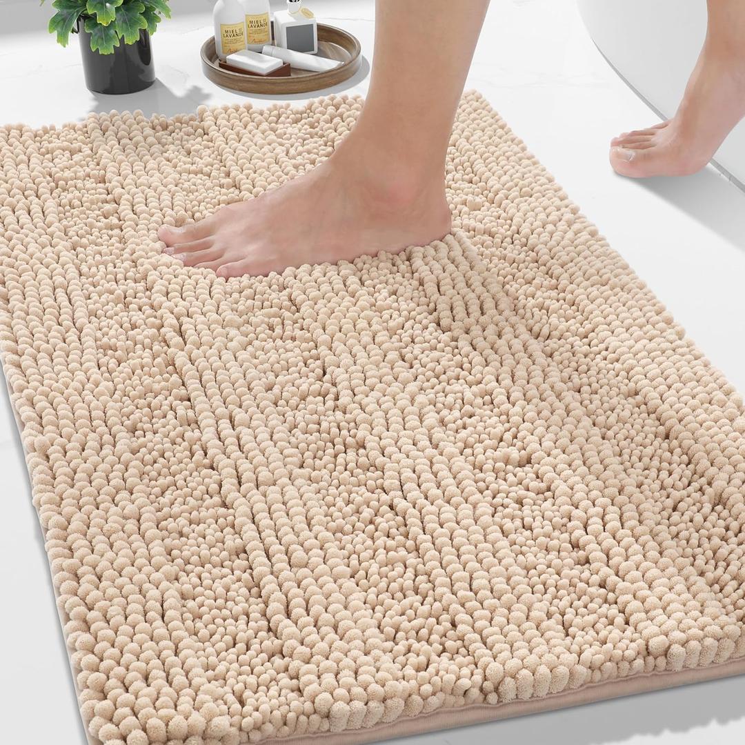 Yimobra Bathroom Rug Mat, Non Slip and Super Absorbent Bath Mat, Machine Washable Quick Dry, Ultra Plush Chenille Shower Rugs for Bathroom Floor Sink Tub and Shower Outside, Beige, 24 x 17