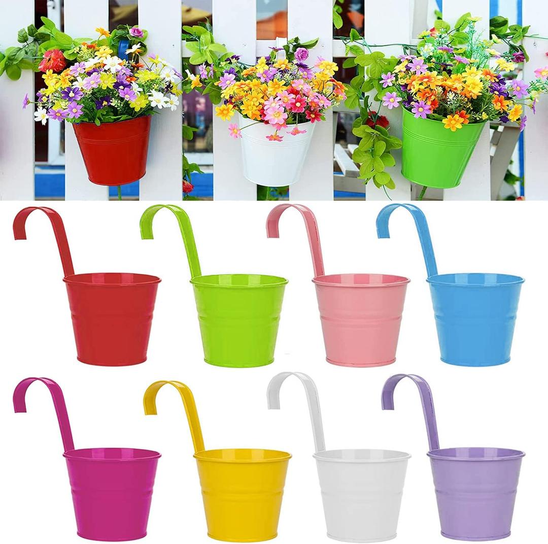 LINSHRY 6.3 Inch Large Metal Iron Hanging Flower Pots, 8 Pack Fence Hanging Planters, Balcony Railing Planters with Detachable Hook, Multicolor Hanging Bucket for Indoor/Outdoor Decoration