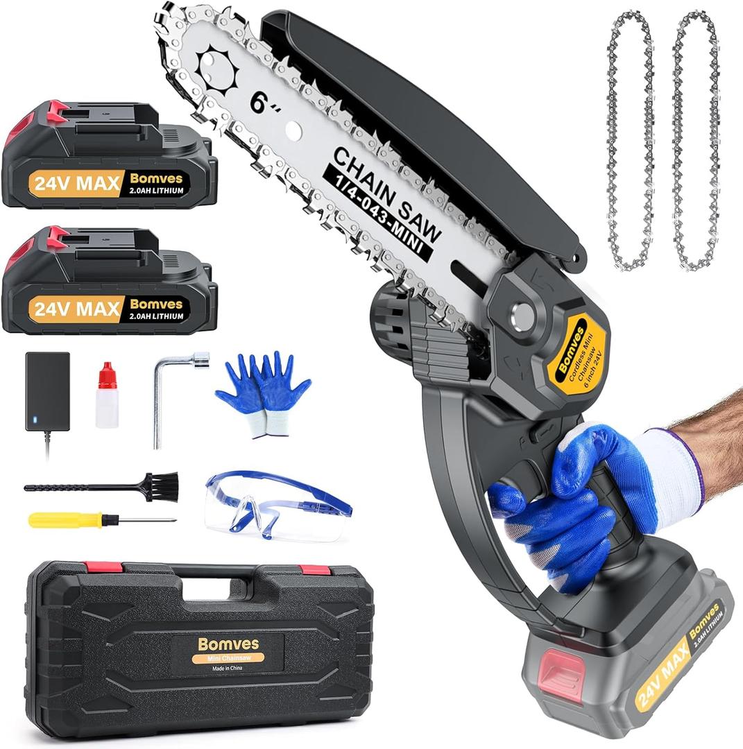 Bomves Cordless Mini Chainsaw, 6-INCH Electric Power Battery Powered 2Pcs 24V 2000MAH Rechargeable with Splash Guard for Wood Cutting Tree Trimming Gardening Camping, Black