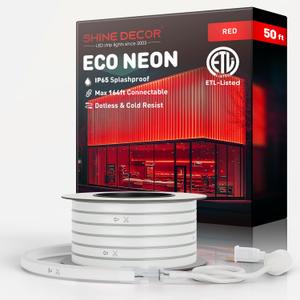 Shine Decor LED Rope Lights AC 120V, Connectable & Cuttable Dotless 120LEDs/M Eco Neon Strip Lighting, ETL IP65 Waterproof & Weather-Resistant for Home Commercial, 8x16mm, Red, 50FT