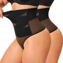 KUMAYES Tummy Control Shapewear Thong for Women - High Waisted Thong Compression Underwear Body Shaper Girdle Panty 2 Pack (Medium)