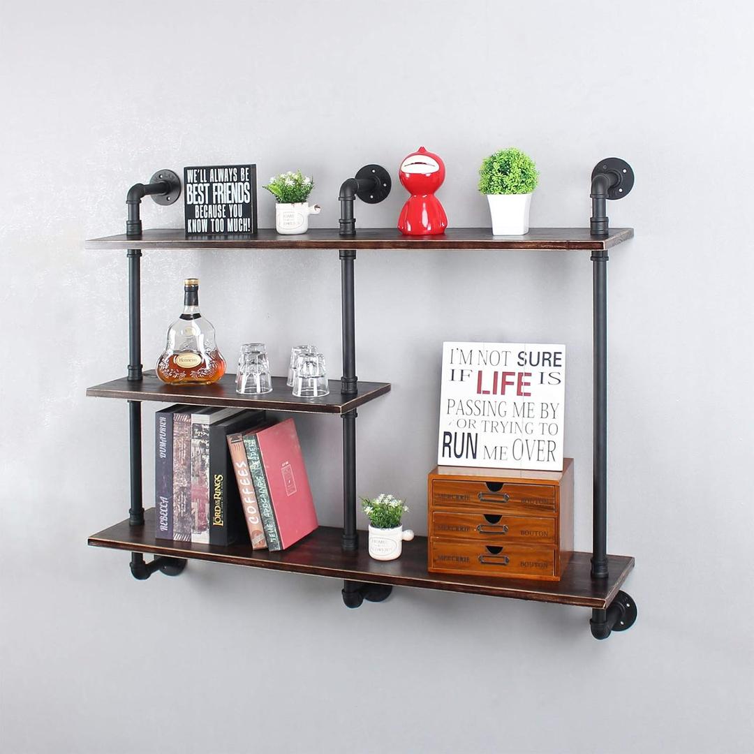 MBQQ Industrial Pipe Shelf with Wood 43.3in,Rustic Wall Mount Shelf 3-Tiers,Metal Hung Bracket Bookshelf,DIY Storage Shelving Floating Shelves,Retro Black