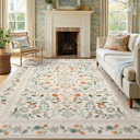 Lahome Floral Area Rug 9x12, Non-Slip Untra-Thin Washable Living Room Rugs, Vintage Botanical Print Low-Pile Soft Botanical Rug for Bedroom Dining Room Office, Beige
