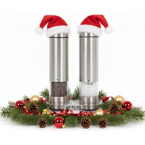 Electric Salt & Pepper Grinder Set  Battery Operated Stainless-Steel Mills & Shakers with Light, Adjustable Ceramic Grinders & Acrylic Rest Tray