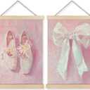 UNCDLV Coquette Pink Bow Ballerina Shoes Poster Hanger Frame, Pastel Preppy Girly Canvas Wall Art, Aesthetic Pink Ballet Wall Decor for Nursery Girls Room Dorm Apartment, 12x16 Inch Set of 2