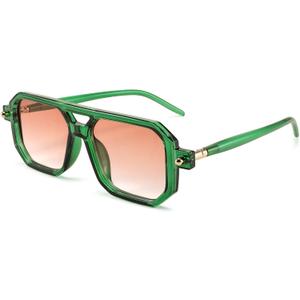 FEISEDY Vintage Square 70s Flat Aviator Sunglasses Women Men Classic Retro Stylish Frame UV400 Sunglasses B2622 (005 Transparent Green & Gradient Orange Lens)