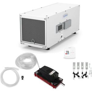 AprilAire E050PZ 50-Pint Professional-Grade, Whole-House Dehumidifier with drain hose for up to 1,600 Sq. Ft. with S86WMUPR Wi-Fi Thermostat, Drain Hose, Condensate Pump, Bracket, and Hanging Kit