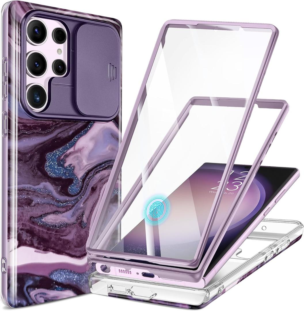 GVIEWIN for Samsung Galaxy S23 Ultra Case with Slide Camera Cover, [Built-in Screen Protector] [2 Front Frames] Military Grade Shockproof Marble Phone Case Fit S23 Ultra 6.8", Quicksand/Purple