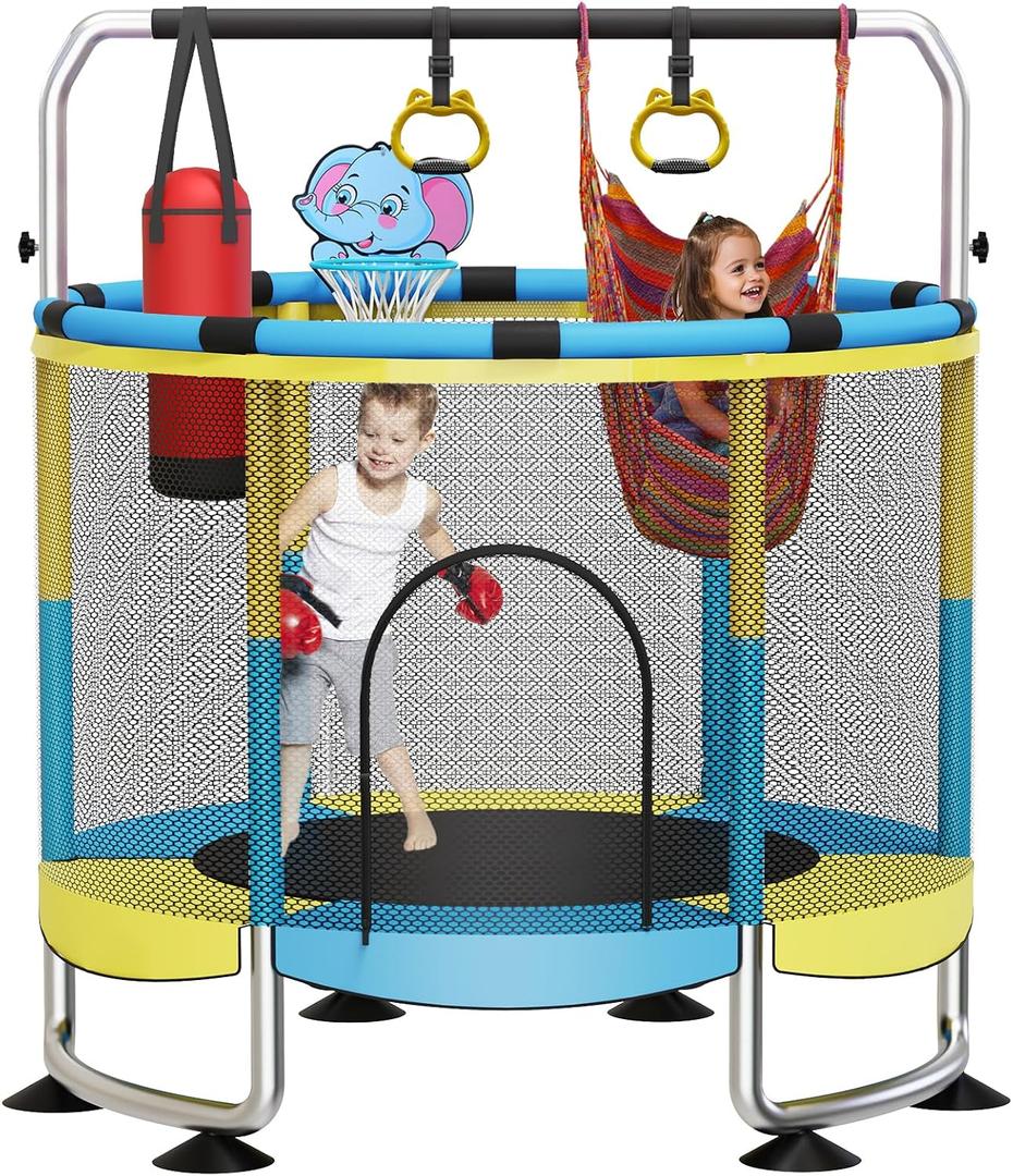 Yozoia 60" Toddler Trampoline, Indoor Trampoline for Kids with Safety Enclosure, 440LBS Support, Adjustable Gymnastics Bar & Toys for Boys Girls