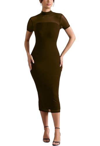 Women's Casual Mesh Elastic Double Layer Mock Neck Short Sleeve Keyhole Back Slit Midi Bodycon Dress Dark Brown, M