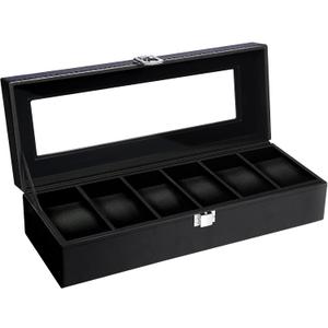 Uten Watch Box, 6 Slots Watch Case, Watch Organizer Jewelry Storage with Large Glass Lid, Black Lining, Watch Display Box for Men & Women Gift