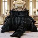 Satin Queen Comforter Set Silk Like Satin Bedding Set Hotel Soft Polyester Black Bed Set Luxury Silky Pillow Cover with Quilt Set Ruffle Down Comforter Home Decor