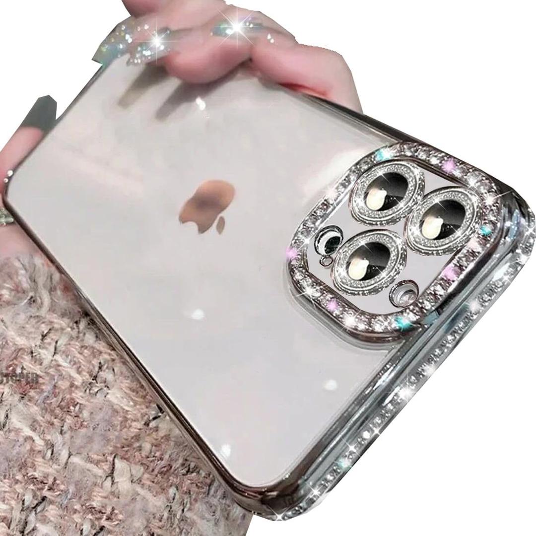 Changjia Clear Glitter Case for iPhone 16 Pro Max, Luxury Bling Sparkly Diamond Rhinestones with Camera Protector TPU Plating Bumper Slim Transparent Women Girls Case for iPhone 16 Pro Max 6.9",Silver