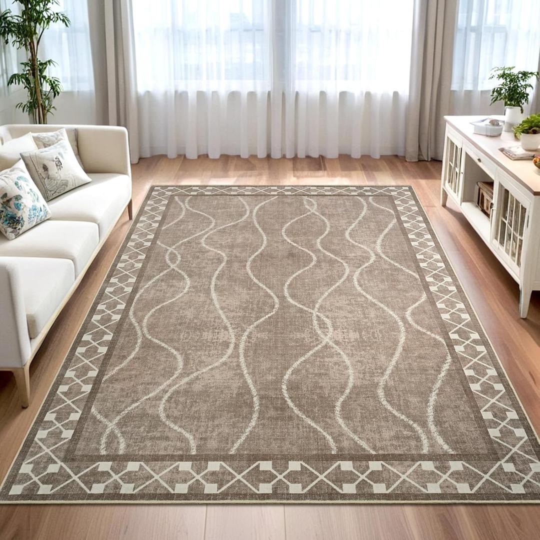 5x7 Area Rugs for Living Room, Machine Washable Rugs, Non-Slip Backing Low Pile Indoor Floor Rugs, Large Modern Carpet for Bedroom Entryway Classroom Playroom Dining Room Home Decor, Brown