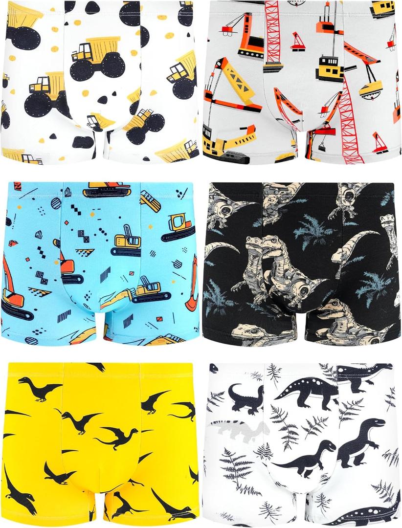 Boys' Underwear,Soft Cotton Tagless Panties for Toddlers' & Little Kids' Comfort,Breathable Boxer Briefs,6-Pack (5, Dinosaur-leaves-excavator-crane-sand Truck-white)