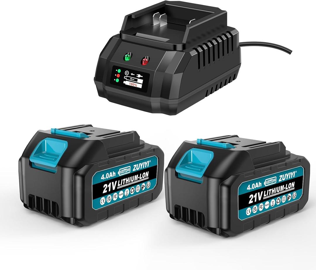 2 Packs 4.0 Ah Replacement Battery and Fast Charger 21V Rechargeable Lithium Battery for Cordless Power Tools
