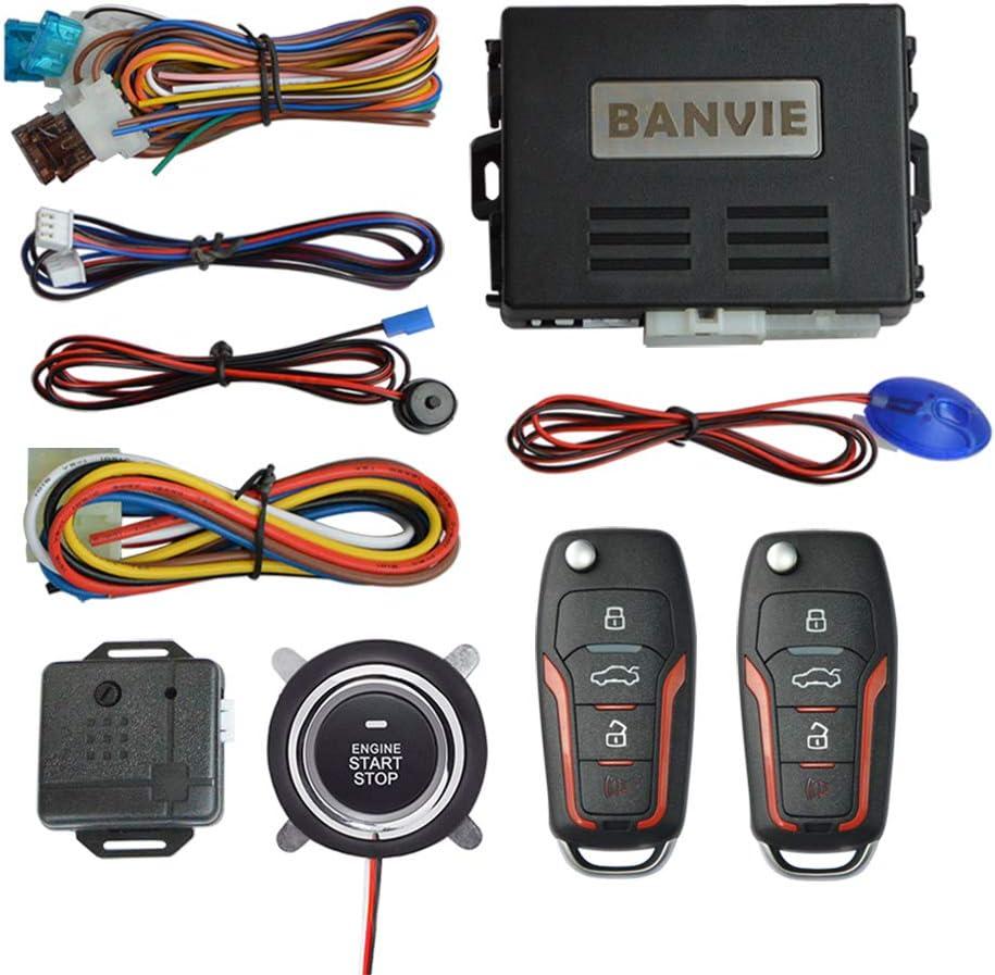 BANVIE Car Keyless Entry Security Alarm System + Remote Engine Starter + Push to Start Stop Iginition Kit Button (1.Without Siren)