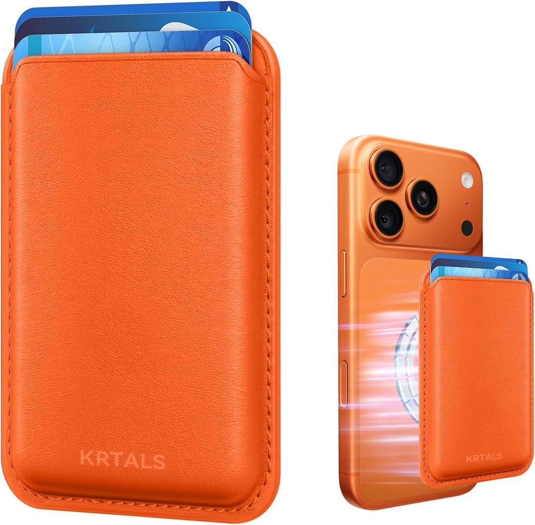 Stronger Magnetic RFID Leather Mag-Safe Card Holder for iPhone 15 Series, Mag-Safe Accessories Stick on Series of iPhone 17/16/15/14/13/12 and Pro/Promax, Orange