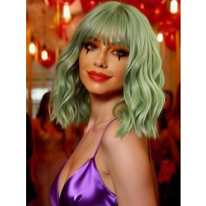 Mairead Mint Green Wig With Bangs Short Wavy Curly Bob Wig With Bangs Short Light green Wigs For Women Synthetic Heat Resistant Wigs for Halloween Costumes Cosplay Daily(Mint green) (Body)