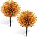 Yunlly 2 Pcs Artificial Boxwood Topiary Ball with Flowers 22" Topiary Tree UV Resistant Faux Greenery Shrubs Outdoor with Spikes Fake Plant Brush for Indoor Front Porch Garden (Fall Orangegreen)