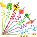 24Pcs Beach Drinking Straws Beach Ball Pool Summer Birthday Party Supplies Decorations with 2Pcs Cleaning Brushes