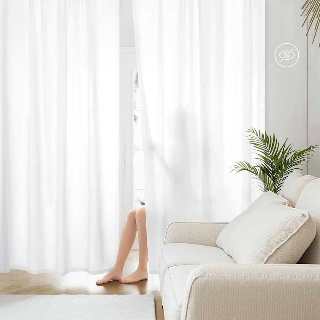 HOMEIDEAS Non-See-Through White Privacy Sheer Curtains, 52 X 96 Inches Long 2 Panels Sheer Curtains Light Filtering Window Drapes for Bedroom Living Room