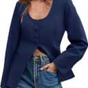 Cicy Bell Womens Business Work Casual Blazers Button Down Scoop Neck Split Hem Fitted Suit Jackets (Blue, XXL)