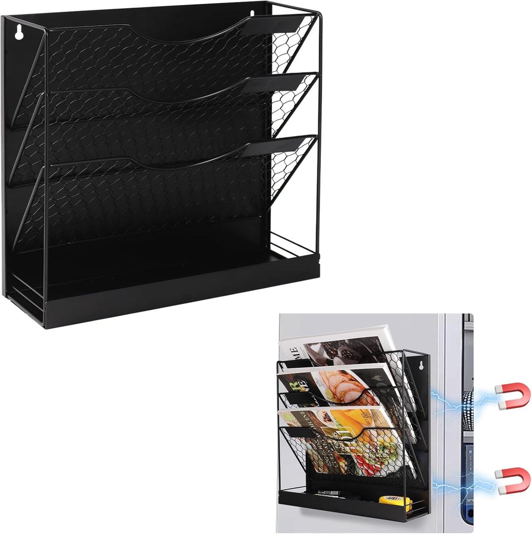 WOMACO Magnetic File Organizer, 4 Tier Large File Folder Holder for File Cabinet, Heavy Duth Magnet Wall Paper Mail Holder for Home Office Whiteboard (4-Tier Black)