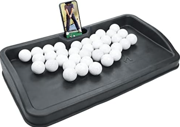 Heavy Duty Rubber Ball Tray with Cell Phone Holder - Record Golf Swing - 100 Ball Capacity - Compatible with All Hitting Mats