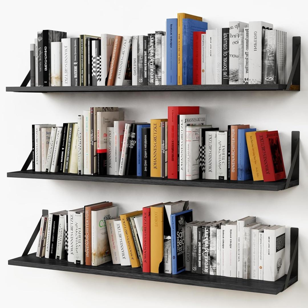 Forbena Floating Shelves 36 Inches Long 8 in Deep Set of 3, Large Wall Shelf for Bedroom Books, Heavy Duty Wide Wall Shelving for Living Room Office Kitchen Closet Organizers and Storage (Black)