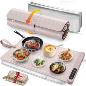 FYY Warming Mat for Food with Heat Resistant Pad, Prevent Countertop Cracks, Keep Meal Warm, Rapid and Full Surface Heating, 6 Temp Settings, 6H Timer, Upgraded Rollable Portable Food Warmer Mat Pink