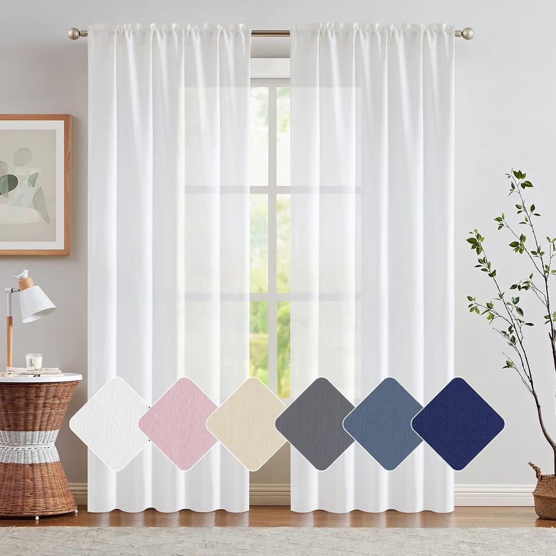 jinchan Privacy Semi Sheer White Curtains for Bedroom Casual Weave Window Curtains for Living Room Linen Drapes White Window Curtain 95 inch Long 2 Panels