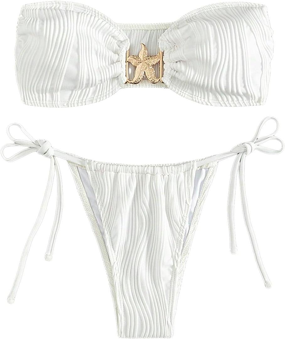 GORGLITTER Women's Strapless Bandeau Swimsuits High Cut Tie Side Thong Ring Bikini Sets Bathing Suits (Medium, White)