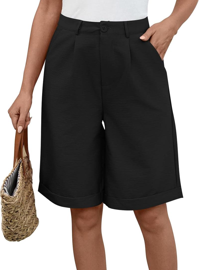 Bermuda Shorts for Women Knee Length High Waist 2025 Trendy Summer Dressy Casual Straight Leg Shorts with Pocket (Small, Black)