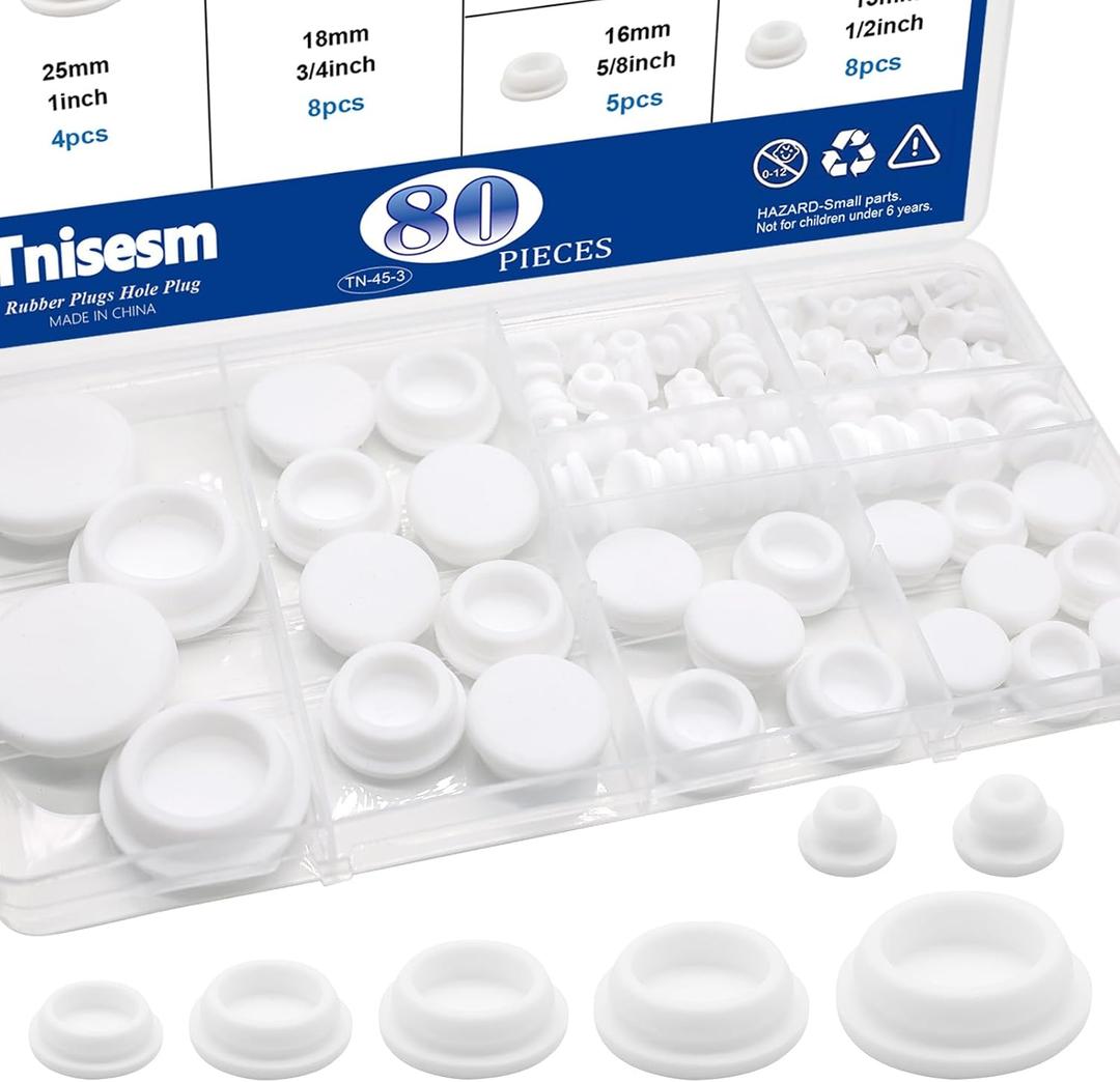 80PCS Silicone Plug Rubber Plugs for Holes Assorted Sizes 1/5" 1/4" 3/8" 1/2" 5/8" 3/4" 1" Hole Plug White